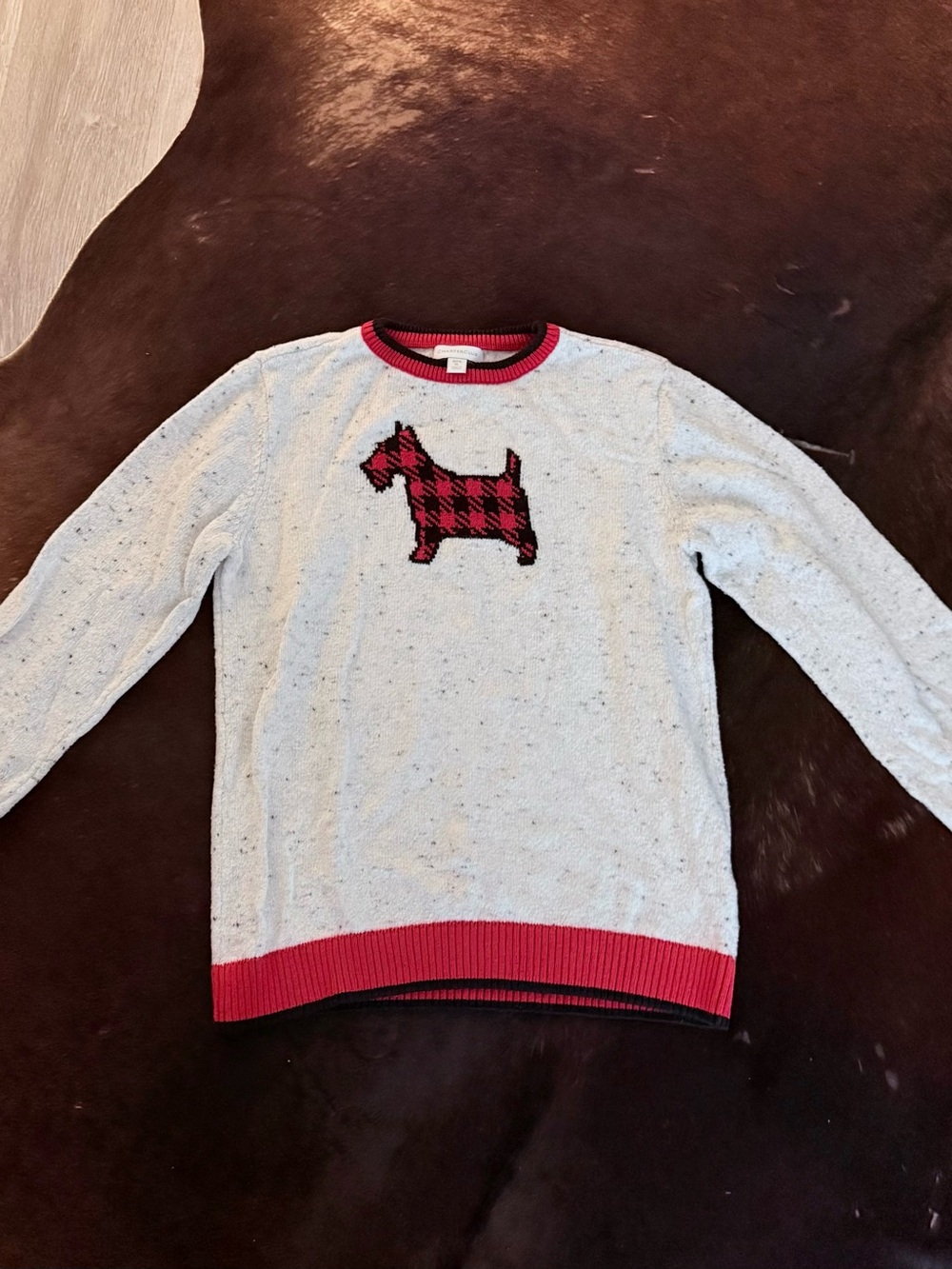Charter Club Cream Crewneck Sweater with Red Plaid Scottie Motif - Boys XL